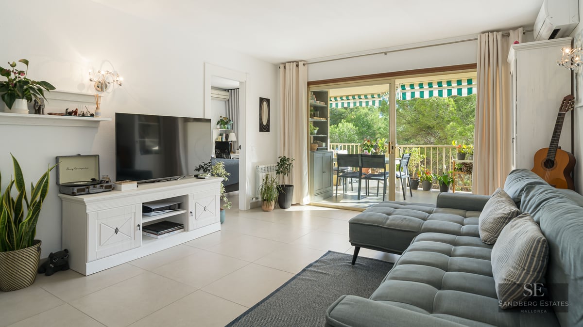 Salon spacieux avec canapé gris, télévision sur meuble blanc et baies vitrées ouvrant sur une terrasse verdoyante.