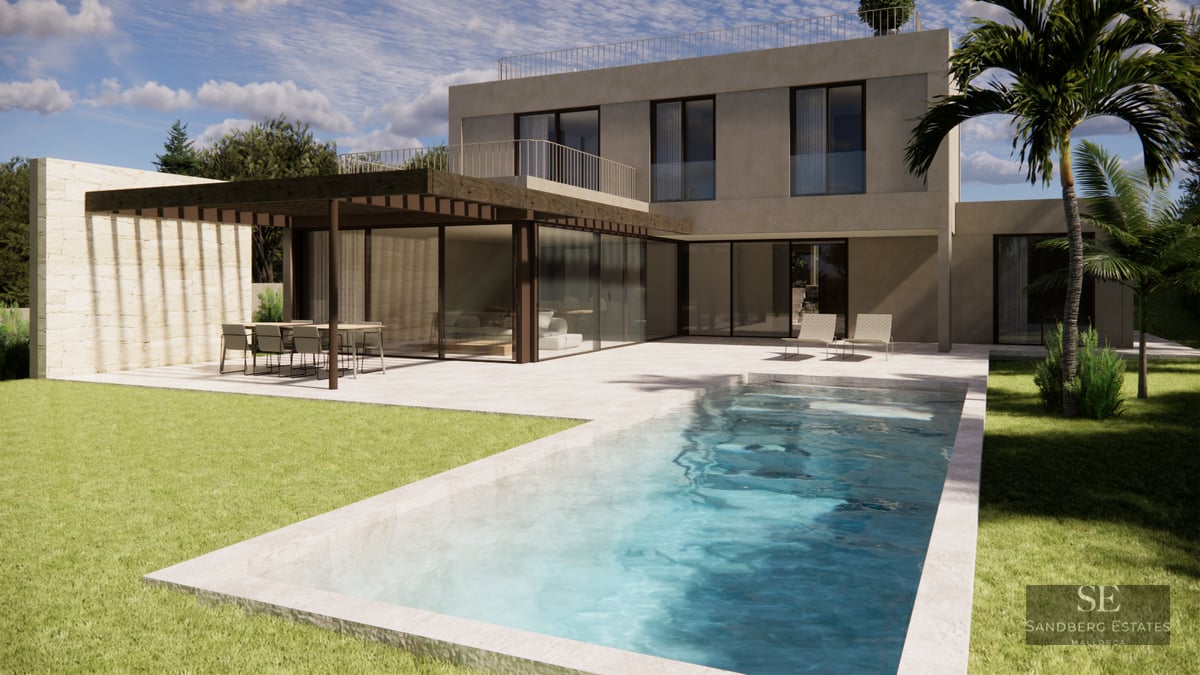 Rectangular blue swimming pool next to a modern two-story villa with a wooden pergola and green lawn.