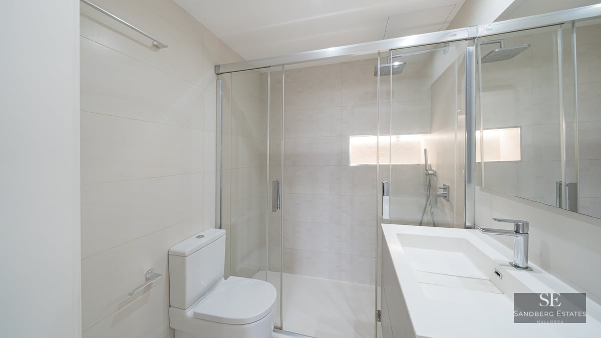 Bright modern bathroom with a glass walk-in shower, white toilet, and minimalist sink vanity.