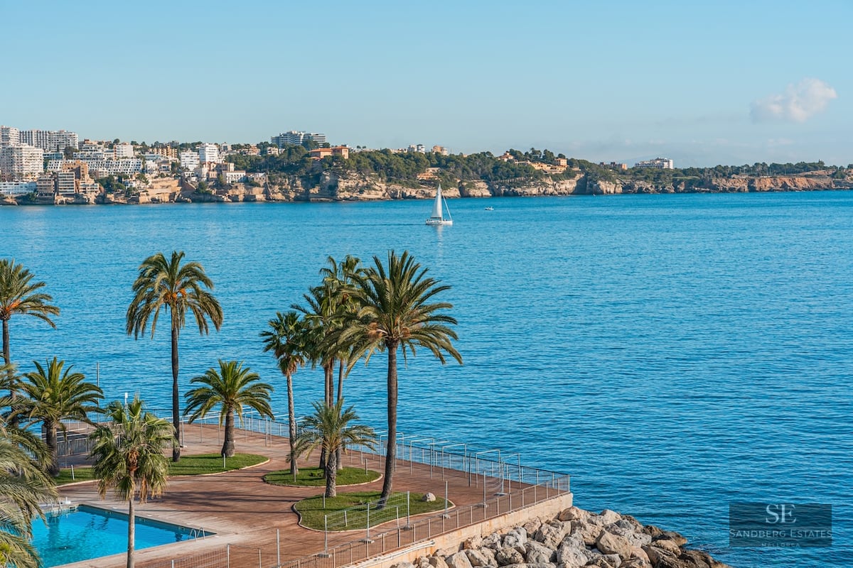 Pool deck with palm trees overlooking a blue sea with a sailboat and distant coast.