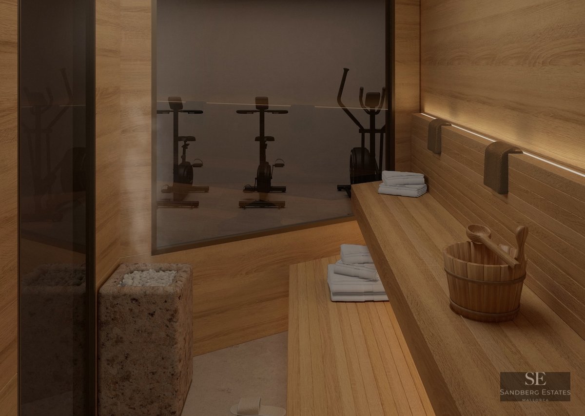 Interior of a modern wooden sauna with a stone heater, steam, and a large window looking into a home gym.