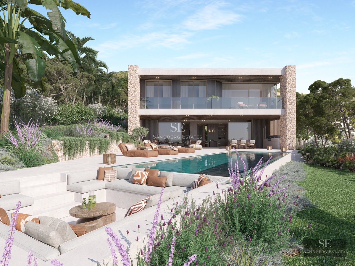 Exterior of modern villa featuring an infinity pool, lush garden, expansive terraces, and panoramic views. Minimalist and elegant architecture.