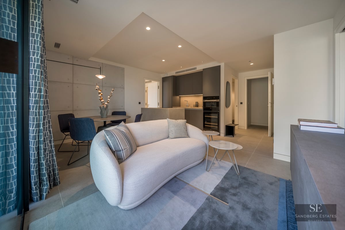 Modern living room with a curved white sofa, blue rug, and dining table, adjacent to a dark grey kitchen.
