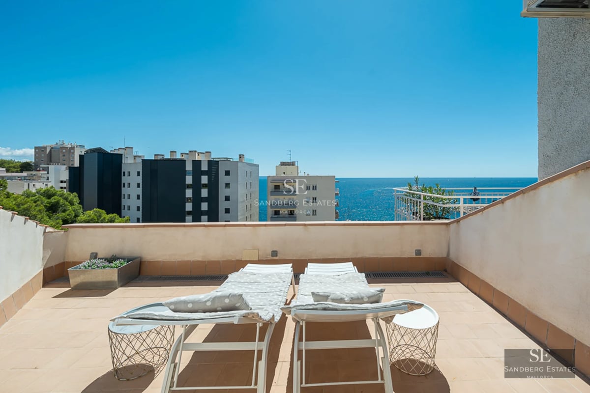 Bright living room with fireplace, large windows, modern furniture, and access to terrace with views. Elegant and contemporary design.