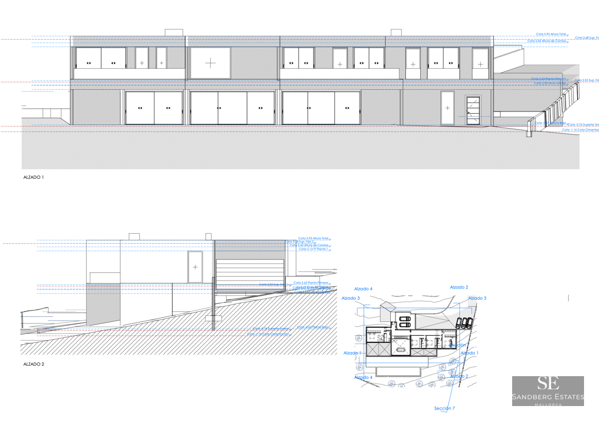 Dessin technique montrant les élévations et le plan de masse d'une résidence contemporaine à deux niveaux.