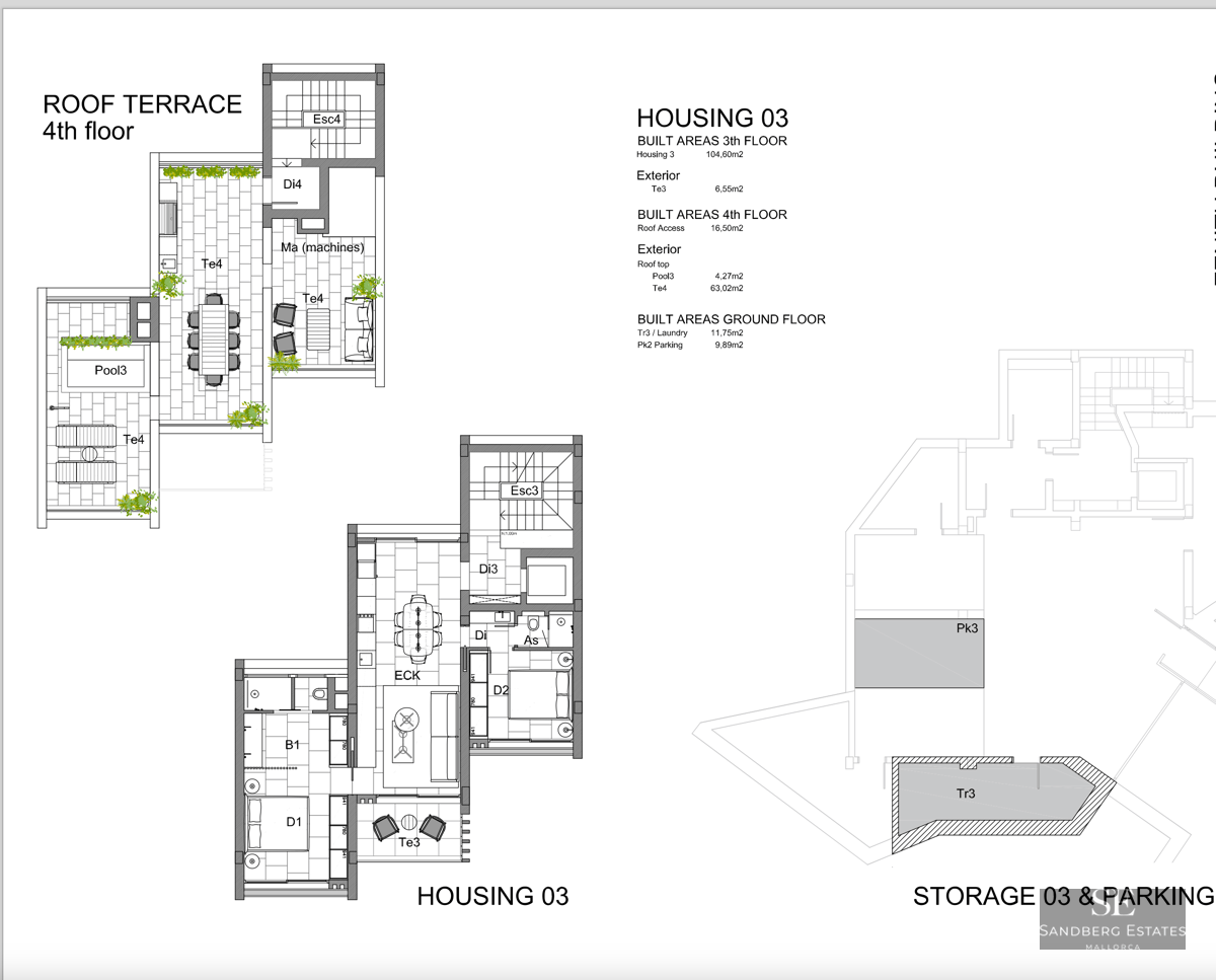 Architectural floor plan showing a multi-level layout for Housing 03, featuring a roof terrace with a pool.