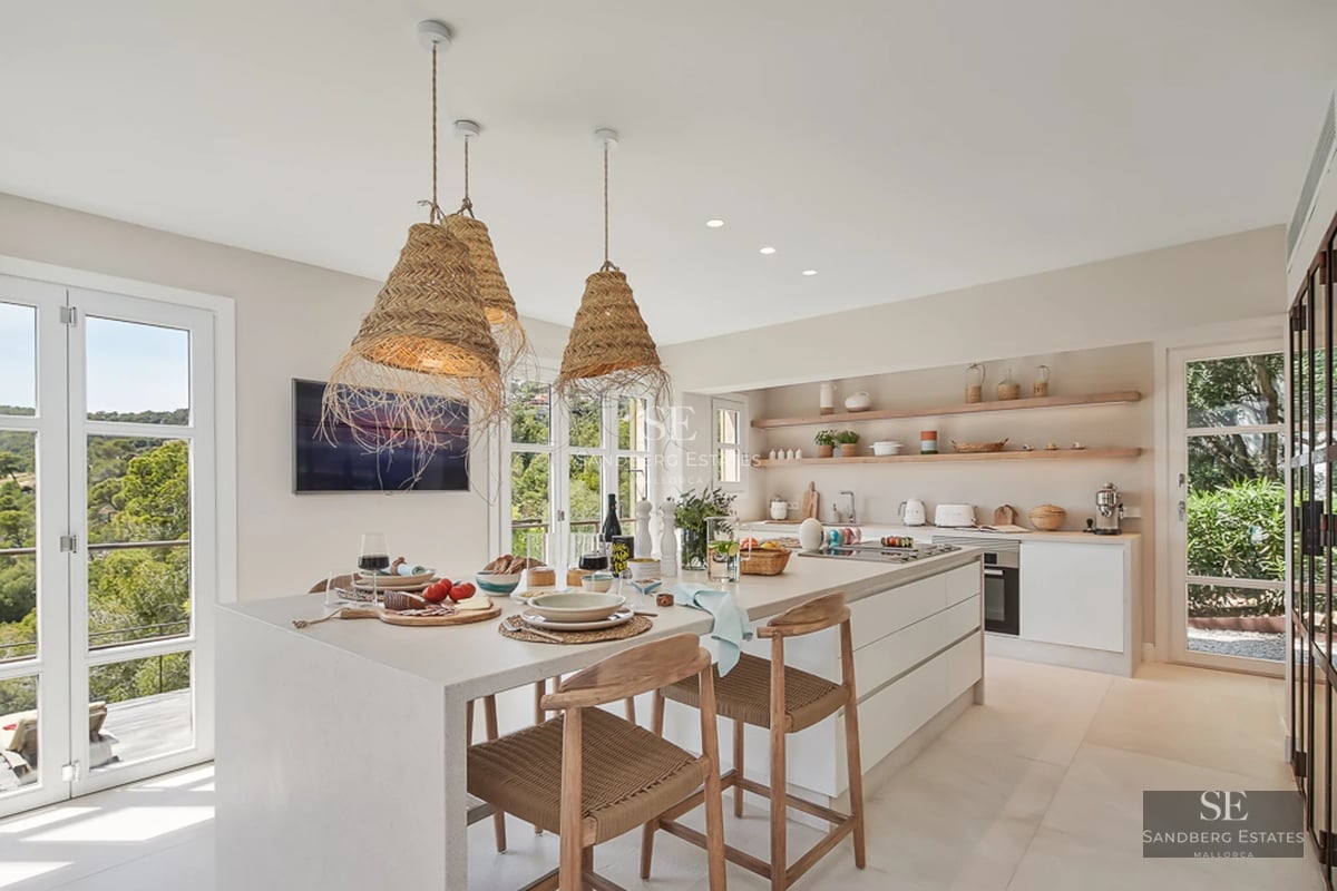 Exterior view of a modern villa with a pool. Minimalist architecture, large windows, lush garden, and elegant design.