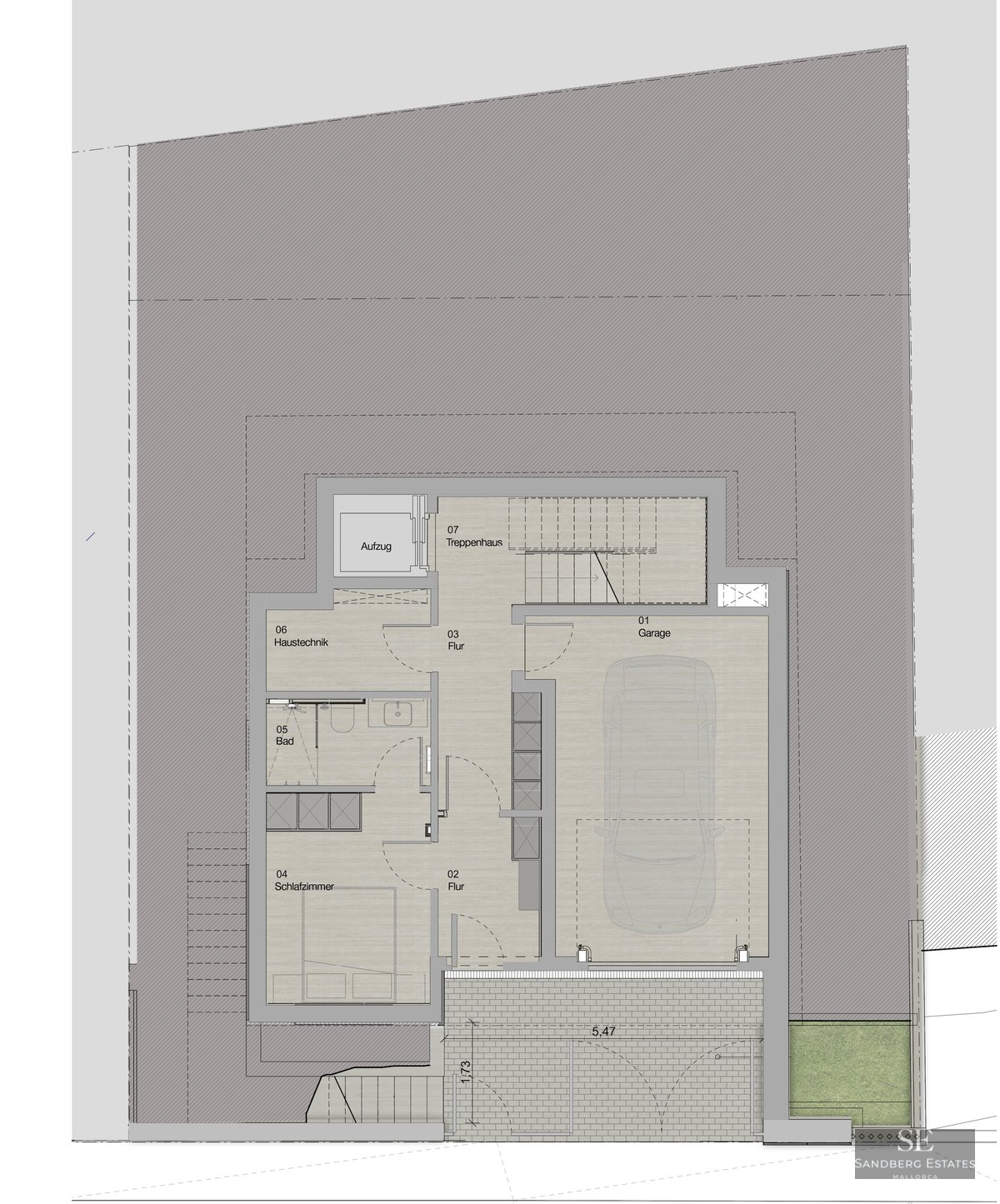 Architectural floor plan of a lower level featuring a garage, bedroom, bathroom, and stairs.