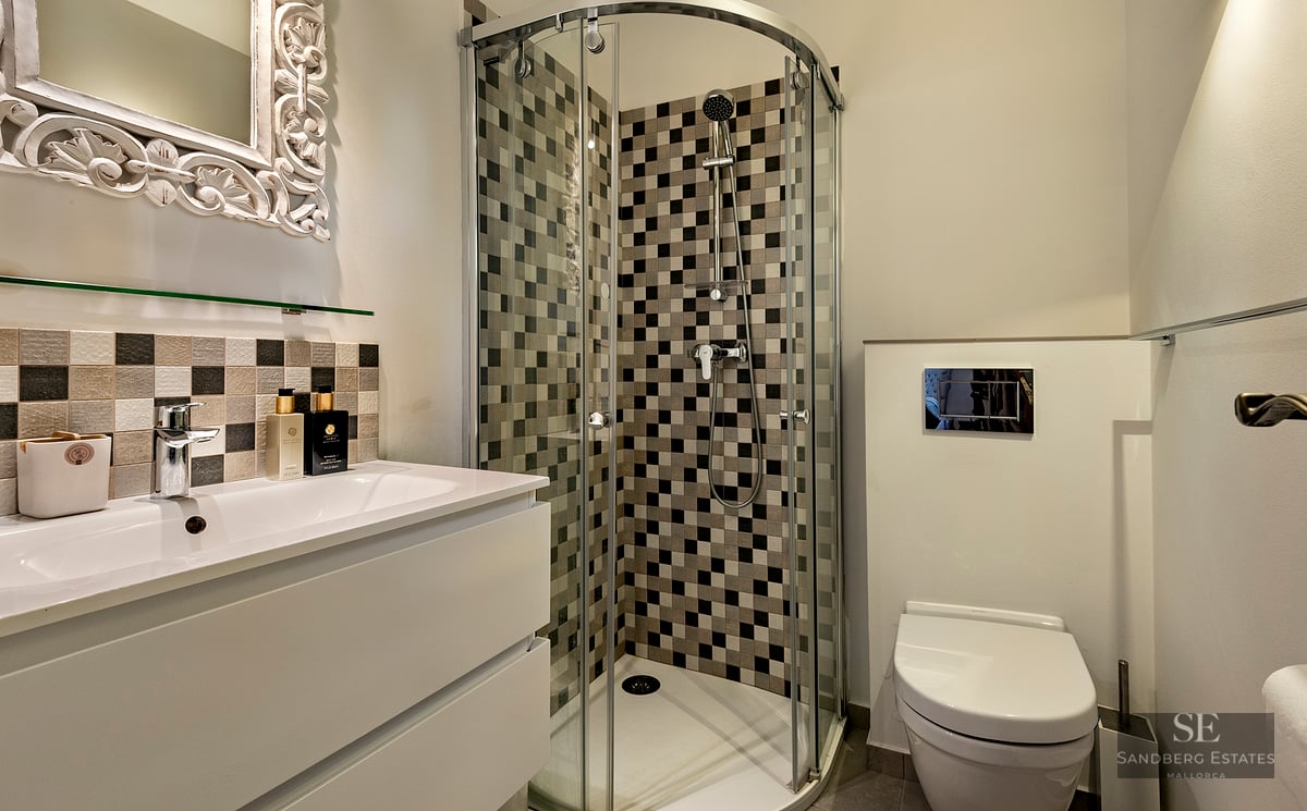 Modern bathroom featuring a curved glass corner shower with checkered tiles, a white vanity, and an ornate mirror.