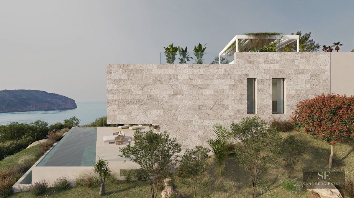 Modern stone villa featuring an infinity pool overlooking the sea, surrounded by Mediterranean vegetation.
