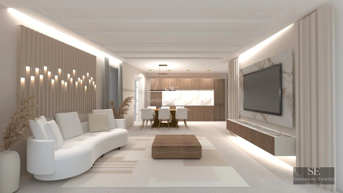 Spacious living room with balcony and view. Floor-to-ceiling windows, modern furniture, neutral color palette, abundant natural light.