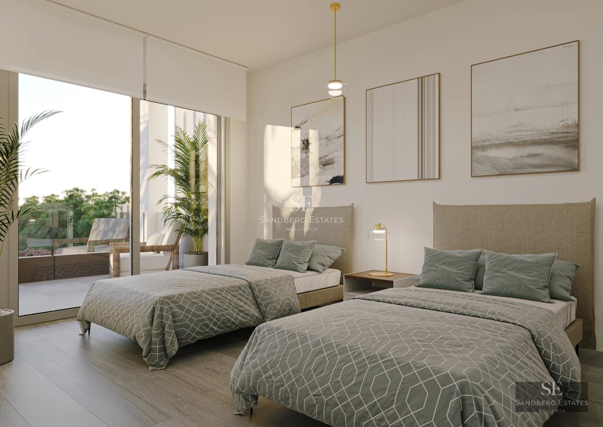 Spacious living room with large windows, outdoor pool, light wood floors and modern design. Abundant natural light.