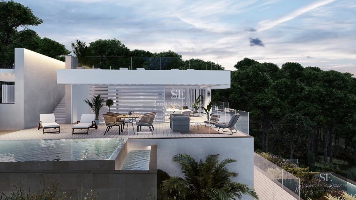 Exterior view of a modern villa with pool, expansive terraces, and lush garden. Sleek and minimalist architectural design.