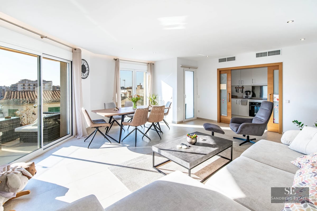 Spacious bright living room with picture windows, modern fireplace, grey sofas, and view of a lush garden with pool. Contemporary design.
