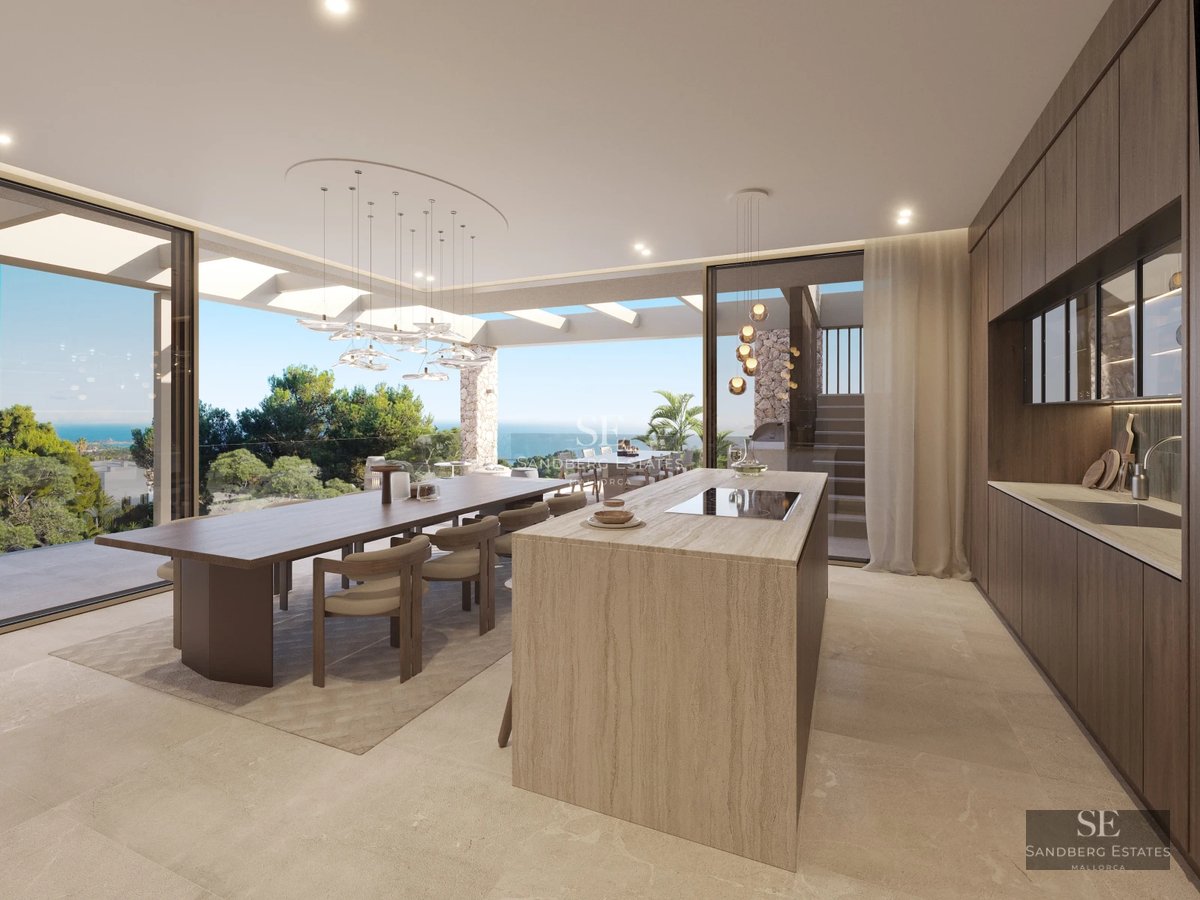 Large infinity pool surrounded by wooden deck and greenery. Modern architecture with large windows and blue sky.