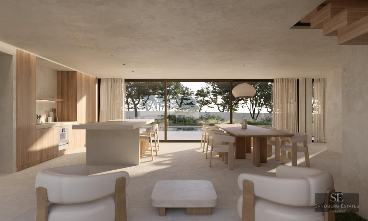 Large modern open-concept room with kitchen, dining table, and lounge area featuring floor-to-ceiling windows to a pool.