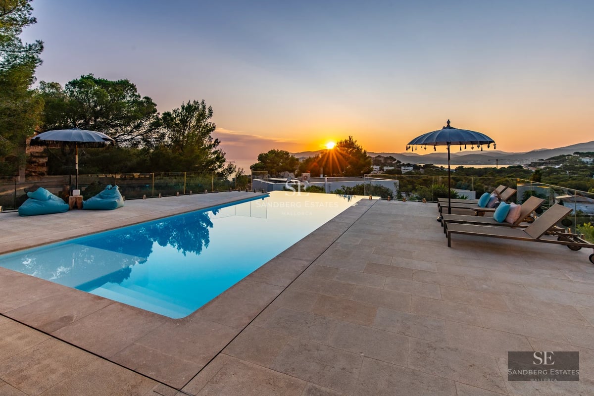 Exterior view of a modern house with a pool, well-kept garden, and large windows. Sleek and minimalist architectural design.