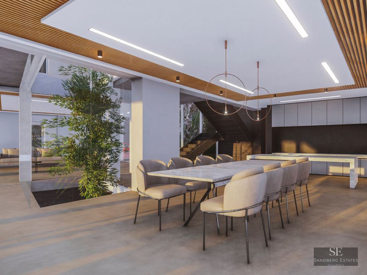Elegant dining space featuring a marble table, beige velvet chairs, and an indoor tree beneath a slatted wood ceiling.