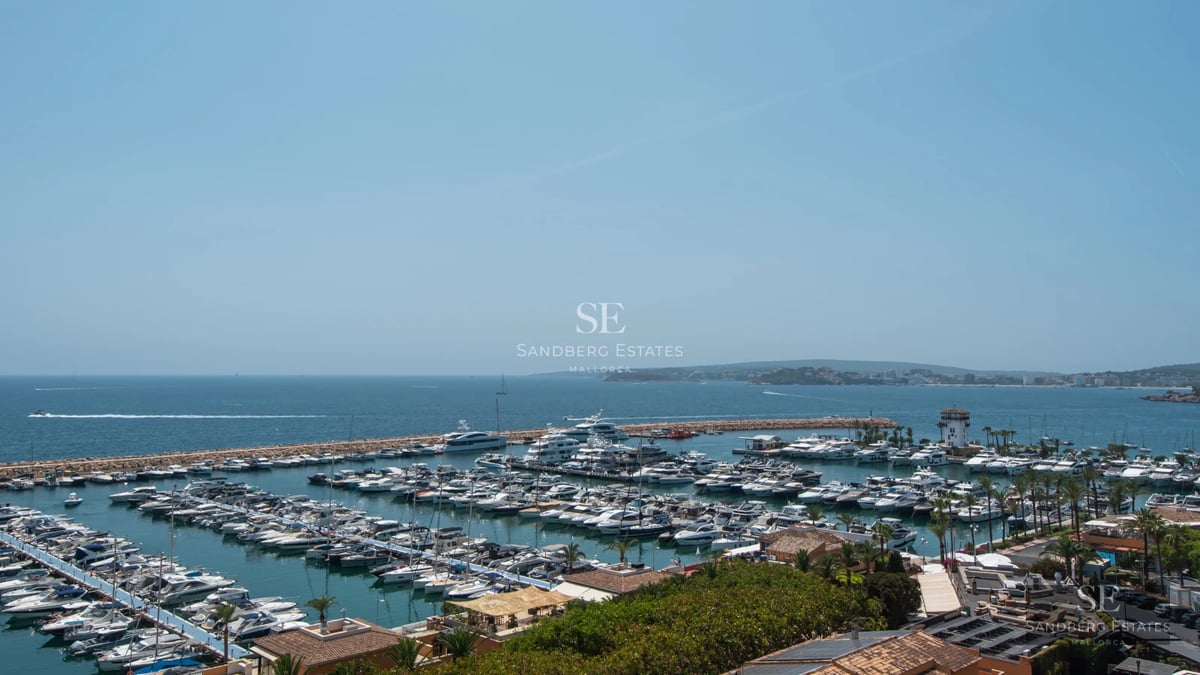 View of modern villa featuring an infinity pool, large terraces, and lush garden. Minimalist architecture and panoramic views.