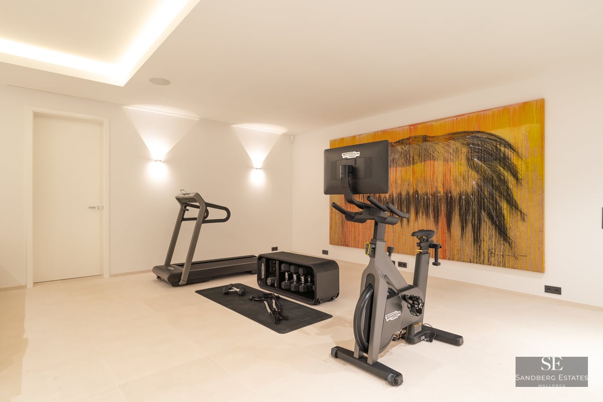 Minimalist home fitness room featuring a treadmill, stationary bike, weights, and a large abstract painting.