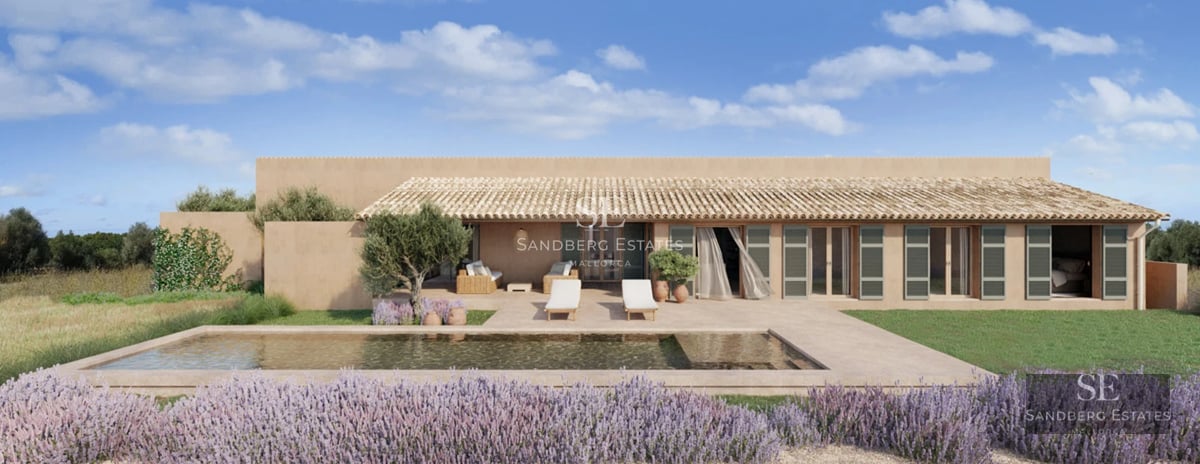 Expansive infinity pool bordered by lawn, and a modern villa with large windows. Warm ambient lighting and sleek architectural details.