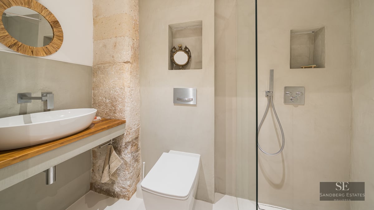 Modern bathroom featuring a vessel sink on a wood counter, an exposed stone pillar, a toilet, and a glass walk-in shower.