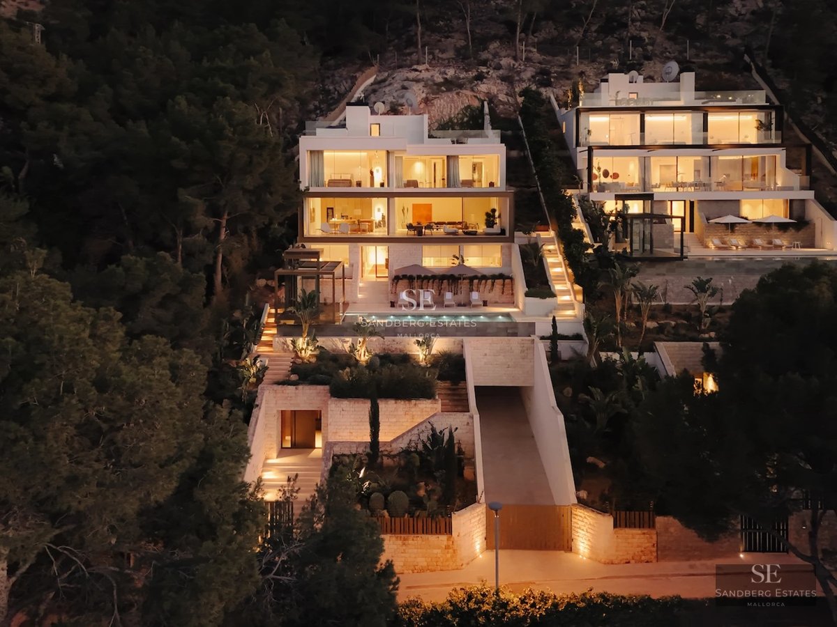 Exterior view of a modern villa with infinity pool, lush garden, and minimalist architecture. Sleek design with large windows.