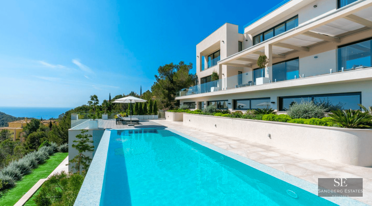 Modern white villa with a turquoise infinity pool overlooking the sea under a clear sky.