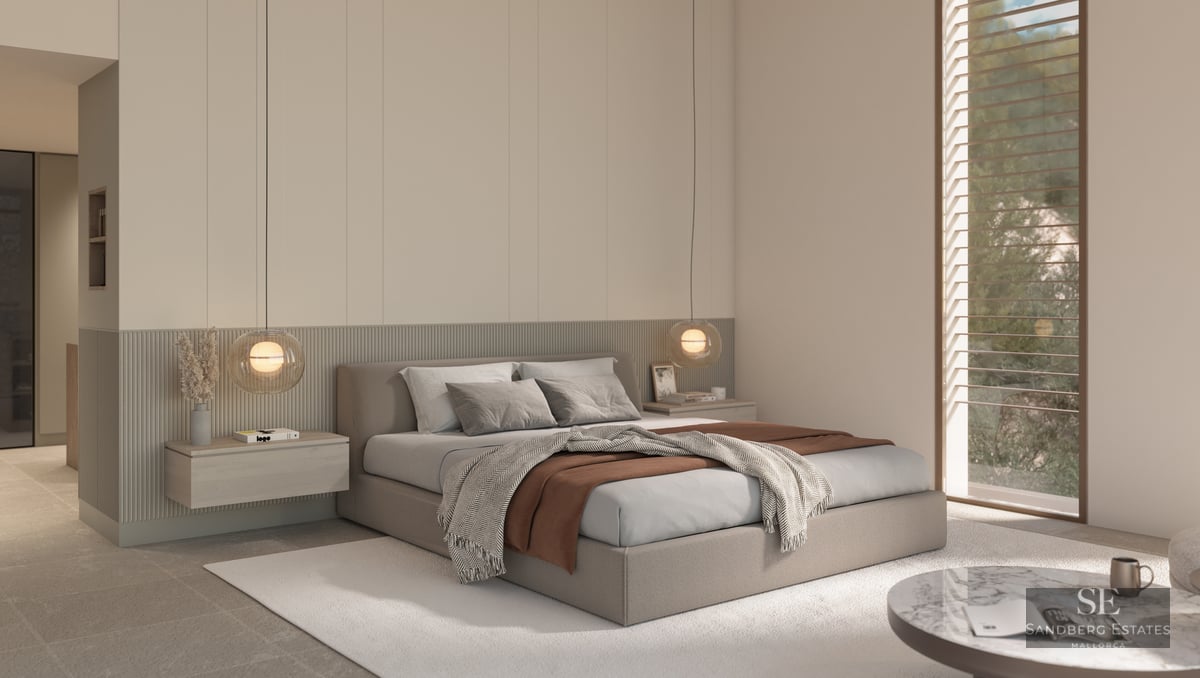 Minimalist master bedroom with a large bed, floating nightstands, globe pendant lights, and a textured slatted accent wall.