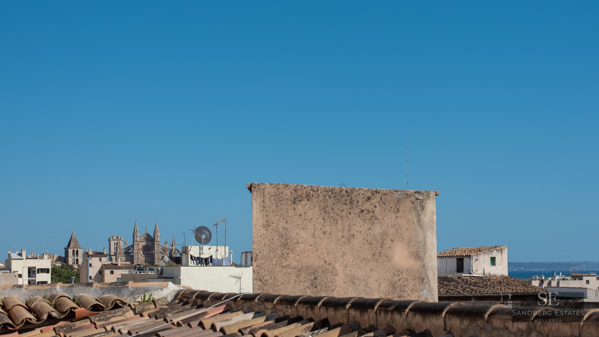 View from a tiled rooftop overlooking a historic Mediterranean city with a large Gothic cathedral under a clear blue sky.