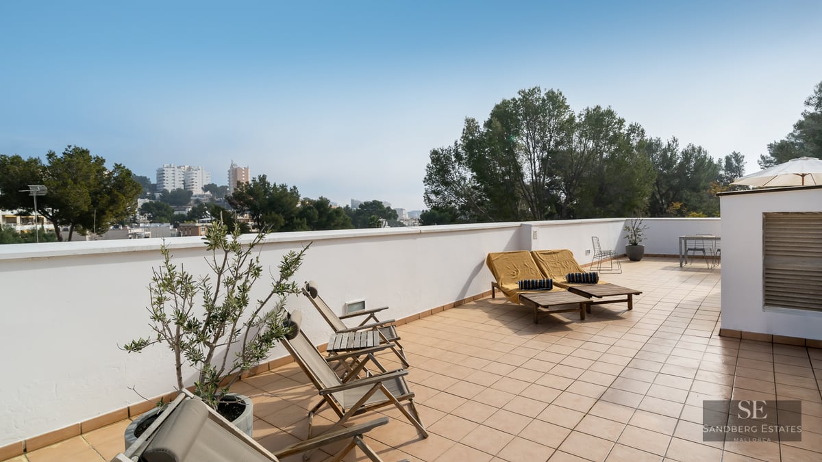 Large tiled terrace with wooden lounge chairs, potted plants, and a view of trees and city buildings.