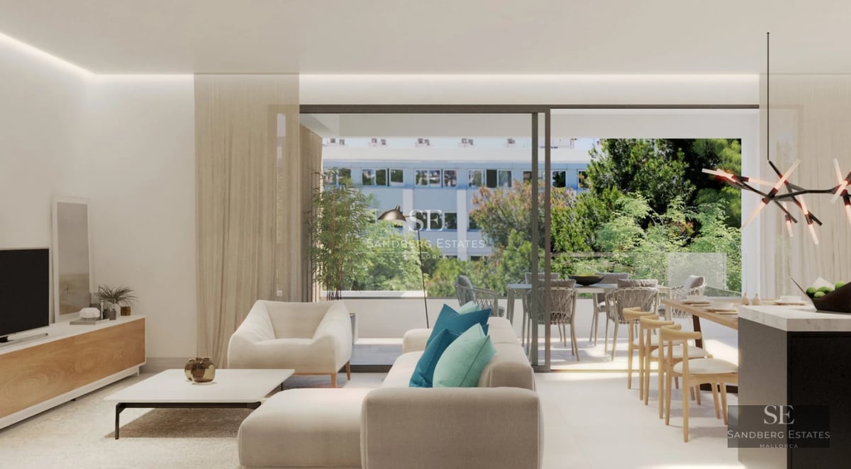 Bright living room with large windows, balcony overlooking the sea, wooden floors and modern furniture. Elegant and comfortable design.