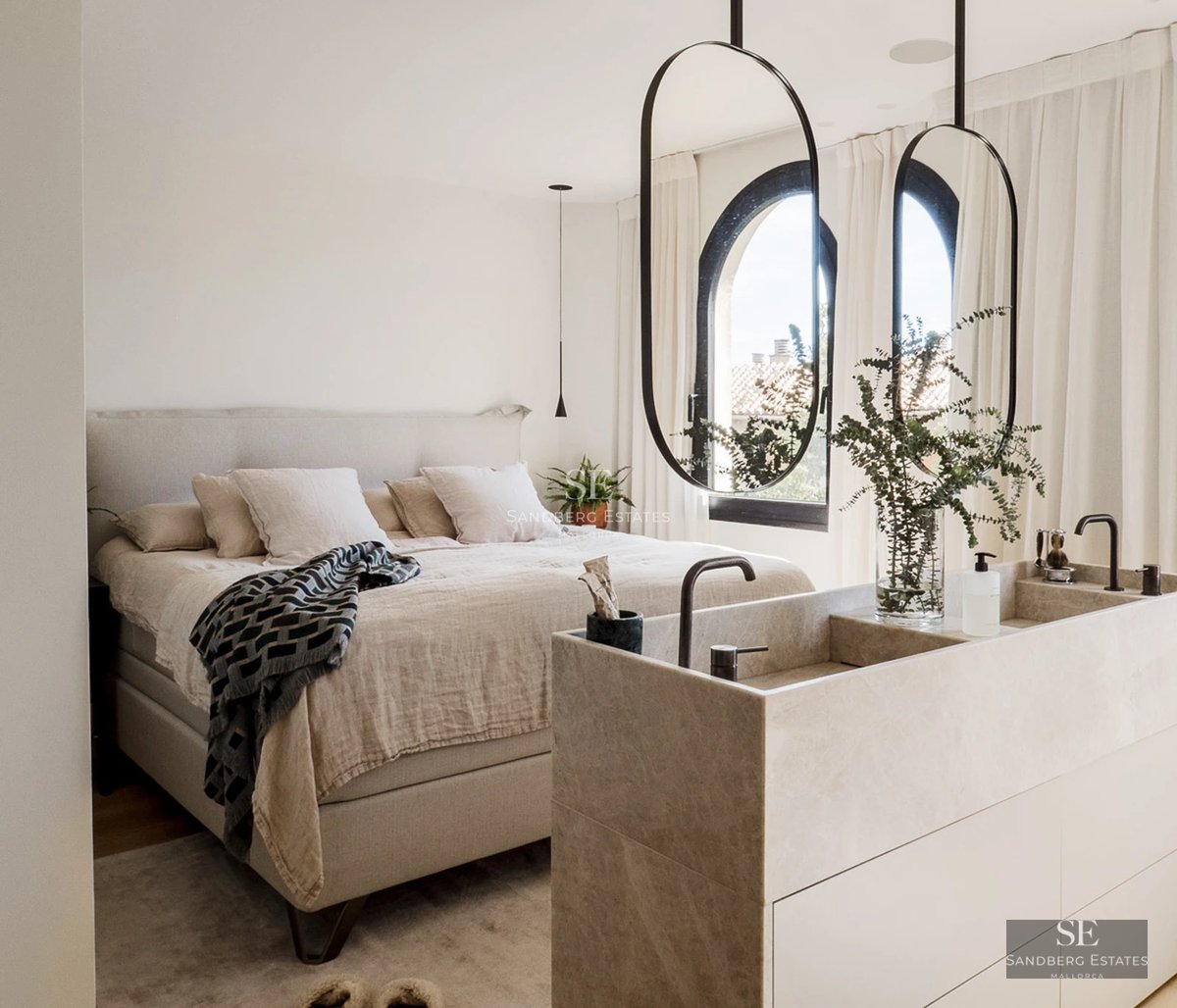 Exterior view of a modern property with a pool and spacious terraces. Minimalist design, elegant architecture, lush gardens.