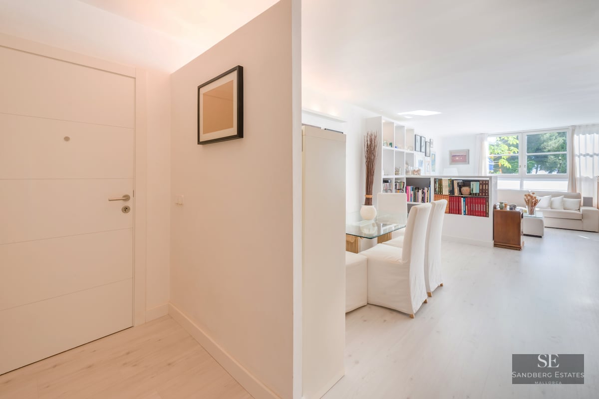 A bright white entryway leading to a minimalist living space with light wood floors and large windows.