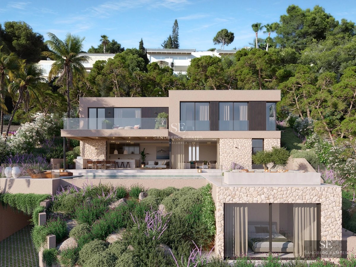 Exterior of a modern villa featuring an infinity pool, lush garden, and expansive terraces. Contemporary architectural design with large windows.