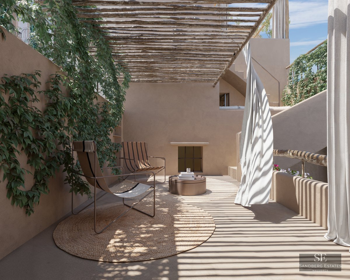 Sun-drenched patio with a wooden pergola casting striped shadows over minimalist chairs and lush climbing plants.