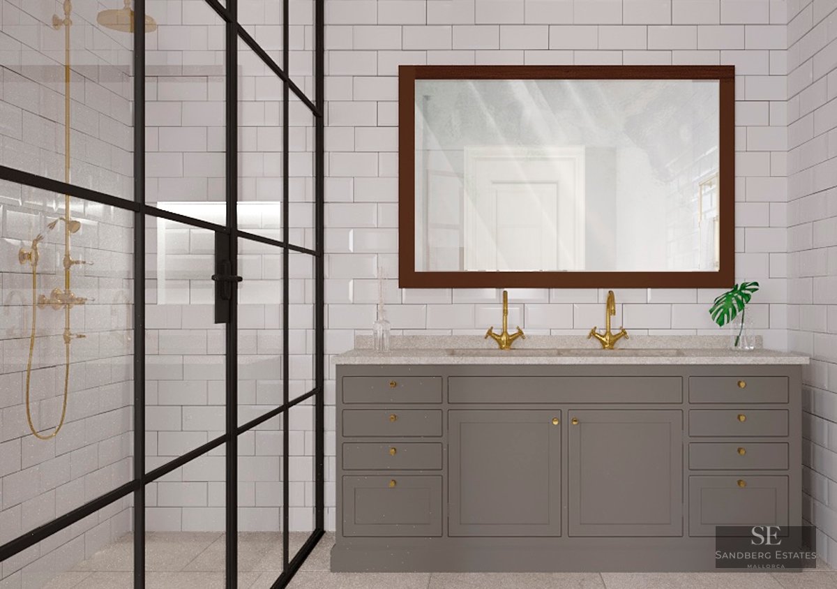 Modern bathroom with a gray double vanity, gold faucets, and a black-framed glass shower against white subway tiles.