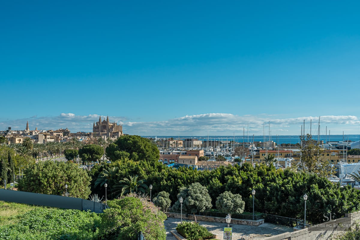 Scenic view overlooking lush green trees toward the Palma Cathedral and a harbor filled with sailboats under a blue sky.