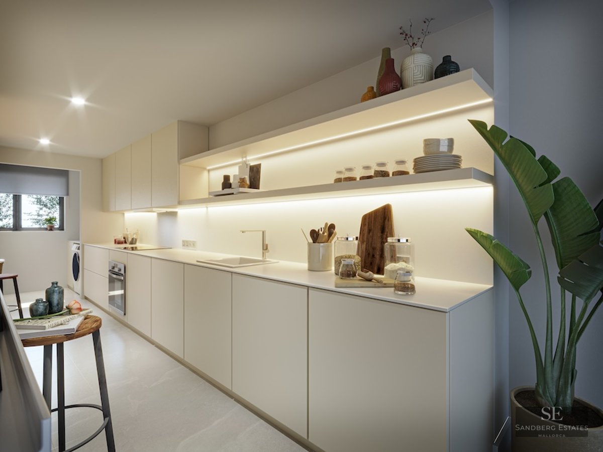 Modern beige kitchen featuring long countertops, open shelves with LED lighting, and a large indoor plant.