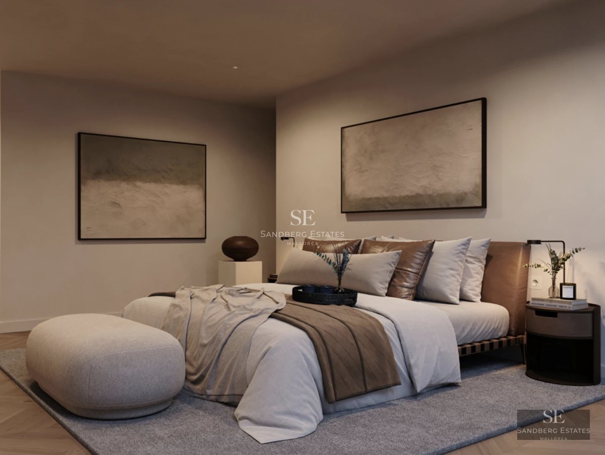 Bright living room with balcony and sea view. Modern decor, wooden floor and designer furniture. Ideal for relaxing and enjoying.