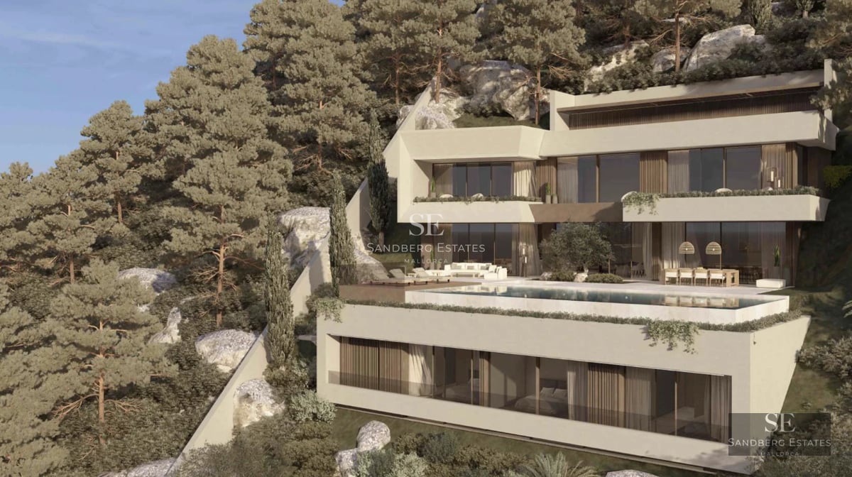 Exterior view of a modern villa featuring an infinity pool, wooden deck, expansive windows, and minimalist landscaping. Contemporary design.