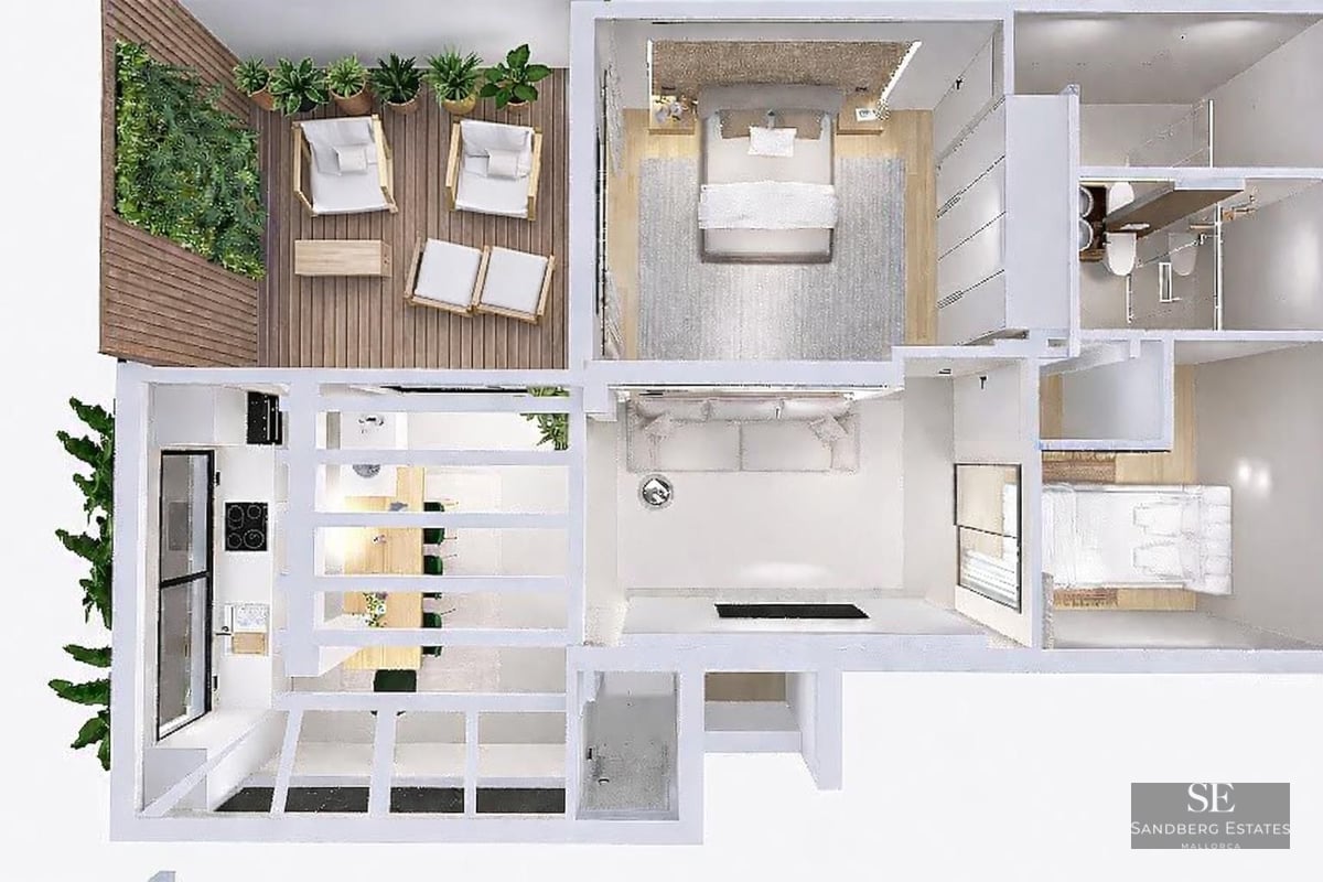 3D top-down view of a modern two-bedroom apartment featuring an open kitchen and a spacious wooden terrace with plants.