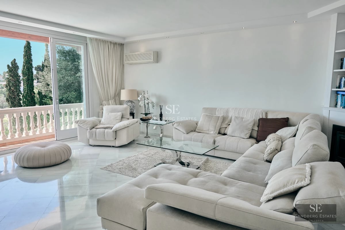 Exterior view of a modern villa with a pool, manicured lawn, and large windows reflecting the blue sky. Contemporary architecture.