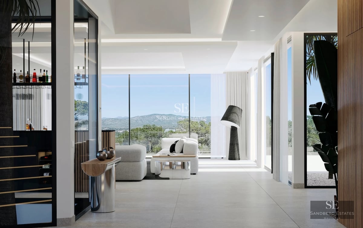 Exterior view of a modern villa with a pool, large windows, and lush vegetation. Contemporary architectural design.