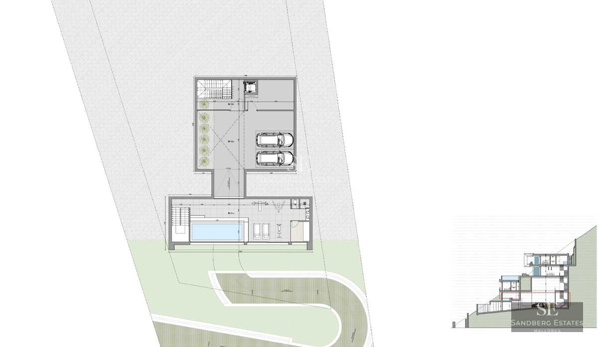 Exterior view of a modern villa with infinity pool, spacious terraces, and lush gardens. Minimalist architectural design with large window fronts.
