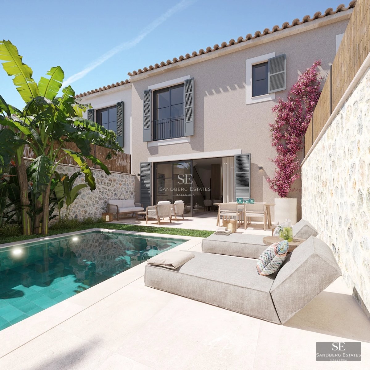 Exterior view of a modern villa with pool, lush garden, and expansive terraces. Clean and elegant architectural design.