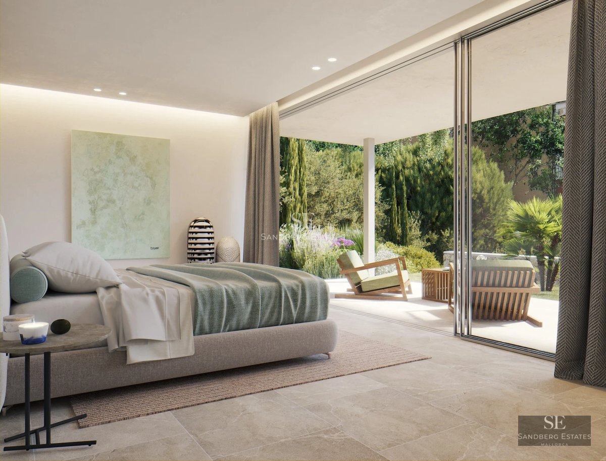 Modern penthouse with balcony and panoramic sea view. Minimalist design, elegant furniture, wooden floors, and abundant natural light.