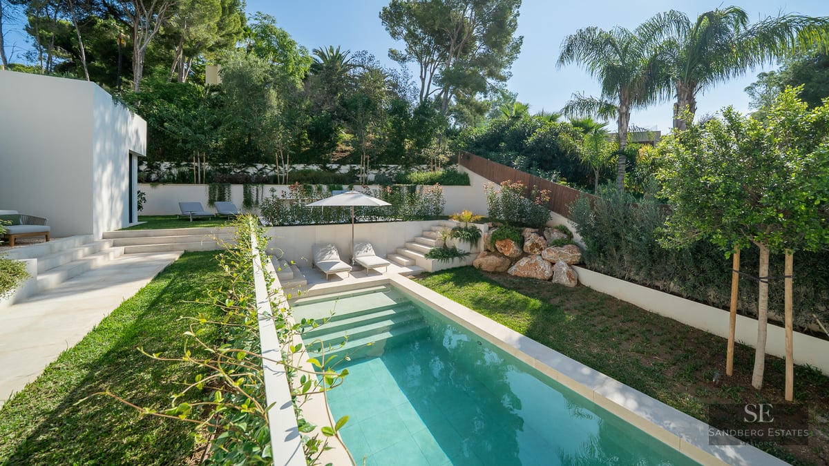 Turquoise design pool surrounded by lush green lawn, white walls, and tropical vegetation.