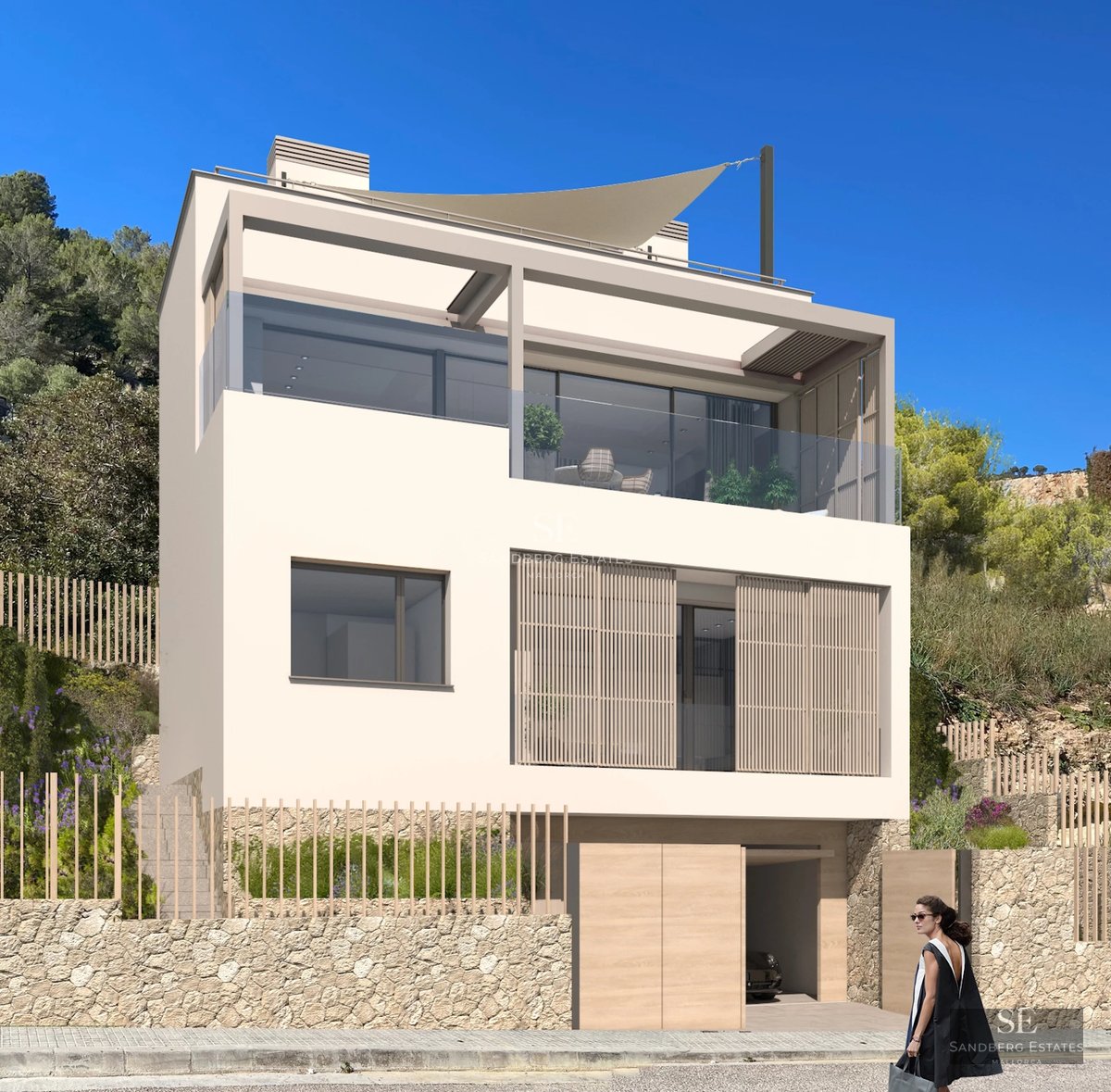 Spacious living room with large windows, light wood floors, and modern furniture. Unobstructed outdoor views. Natural light.