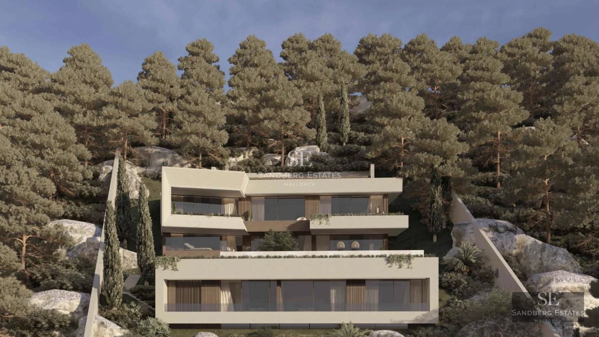 Exterior view of a modern villa with pool, lush garden, and minimalist architecture. Large windows and spacious terraces.